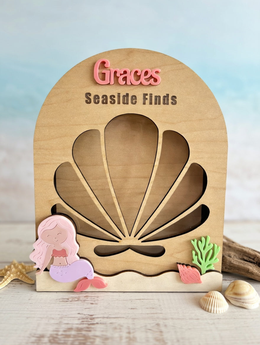 Personalized Mermaid Seashell Holder - Custom Name Beach Shell Collector Display - Coastal Decor Gift for Girls